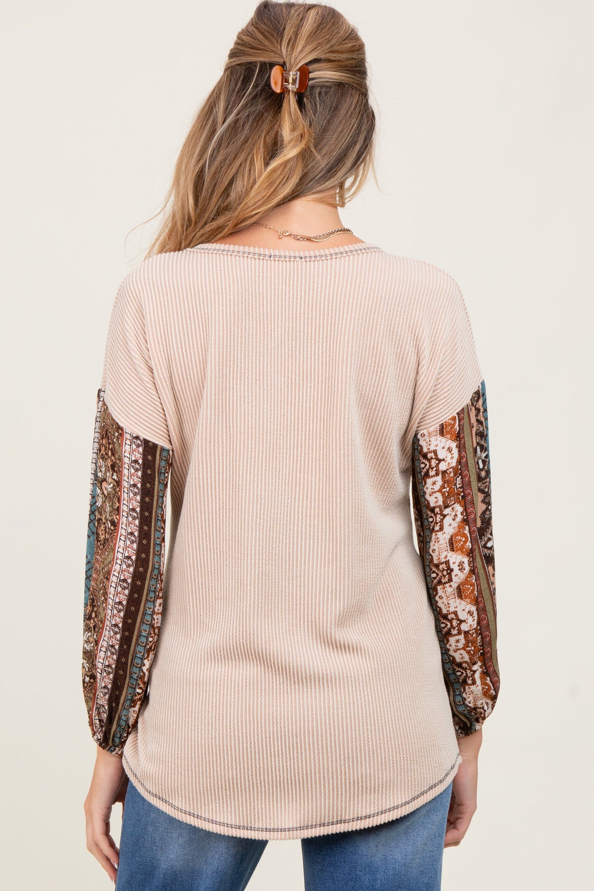 Beige Floral Ribbed Knit Colorblock Maternity Long Sleeve Top
