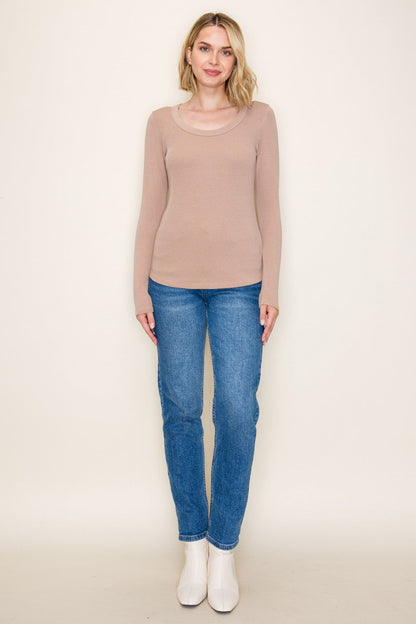Beige Fine Rib Scoop Neck Long Sleeve Top