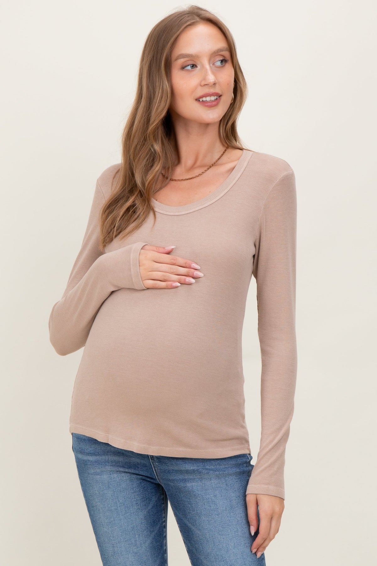 Beige Fine Rib Scoop Neck Maternity Long Sleeve Top