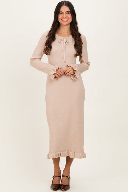 Beige Ribbed Knit Ruffle Trim Midi Sweater Dress