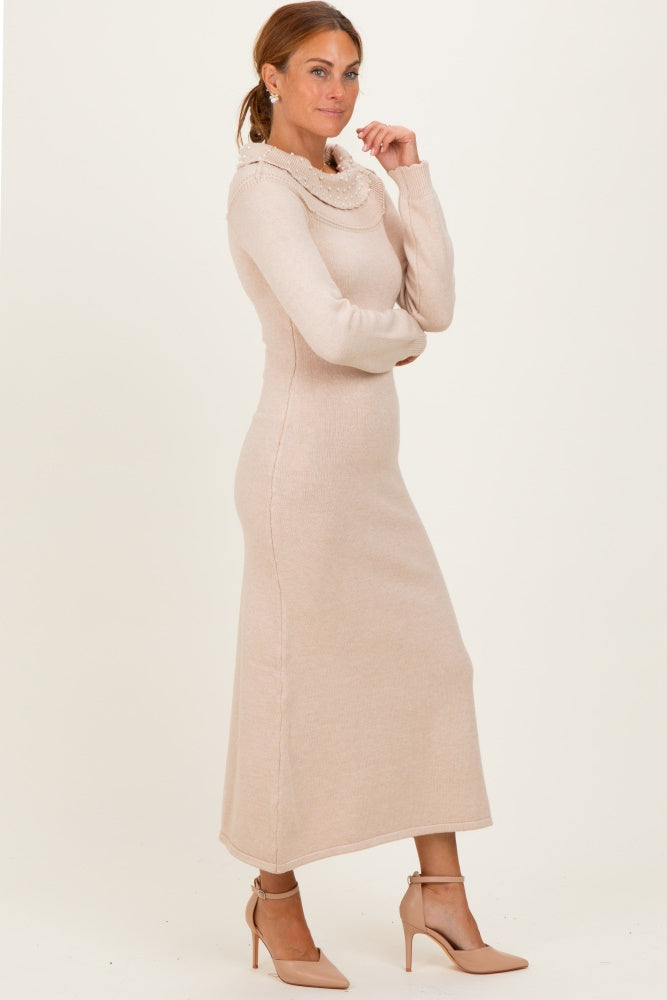 Beige Faux Pearl Detail Off Shoulder Sweater Dress