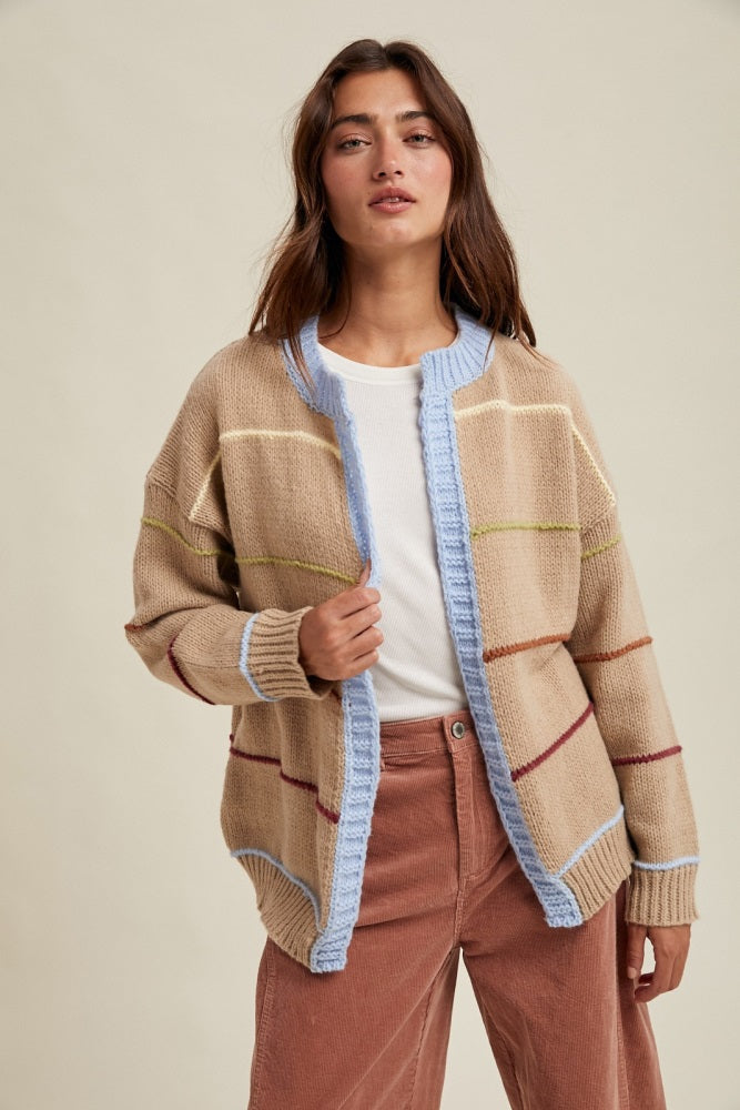 Beige Multicolor Stripe Chunky Knit Cardigan