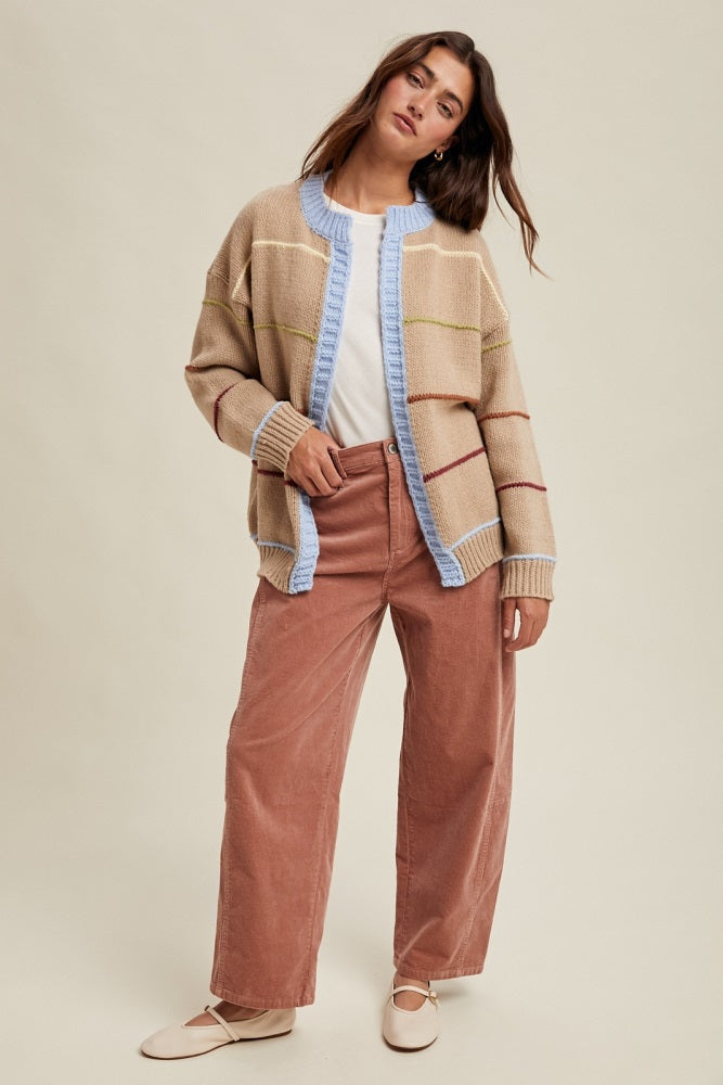 Beige Multicolor Stripe Chunky Knit Cardigan