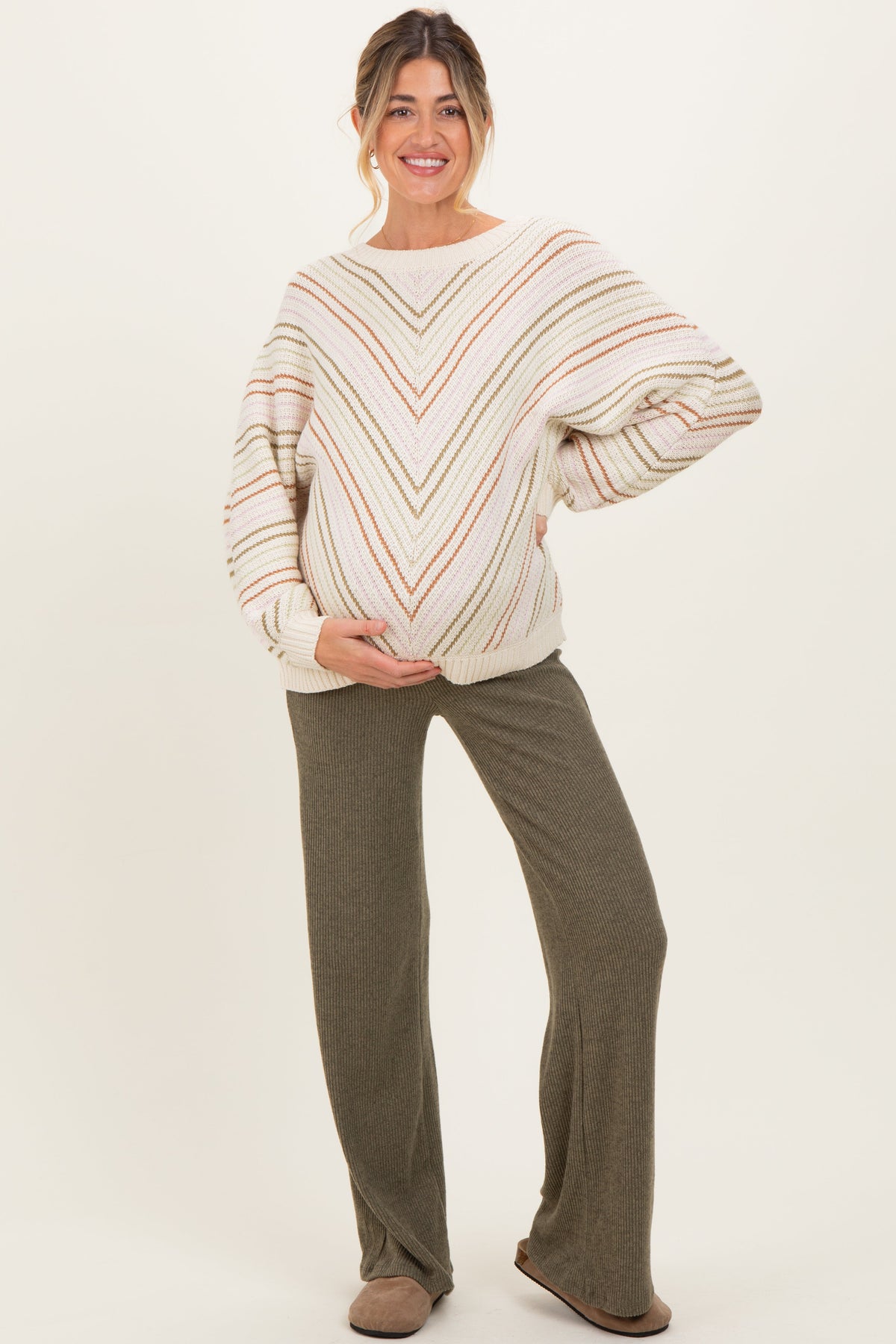 Beige Multi Crew Neck Striped Long Sleeve Maternity Sweater