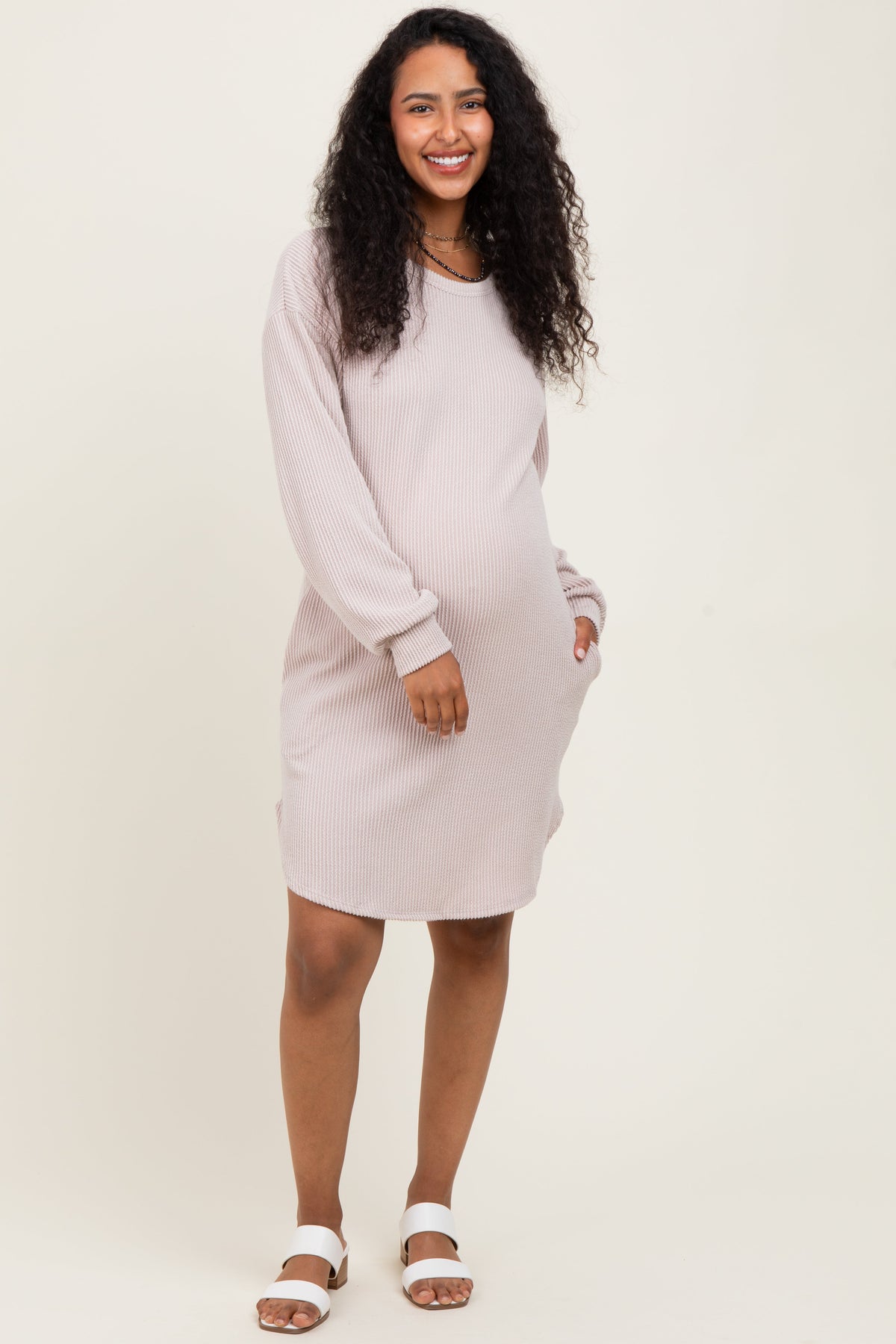 Beige Rib Knit Long Sleeve Maternity Dress