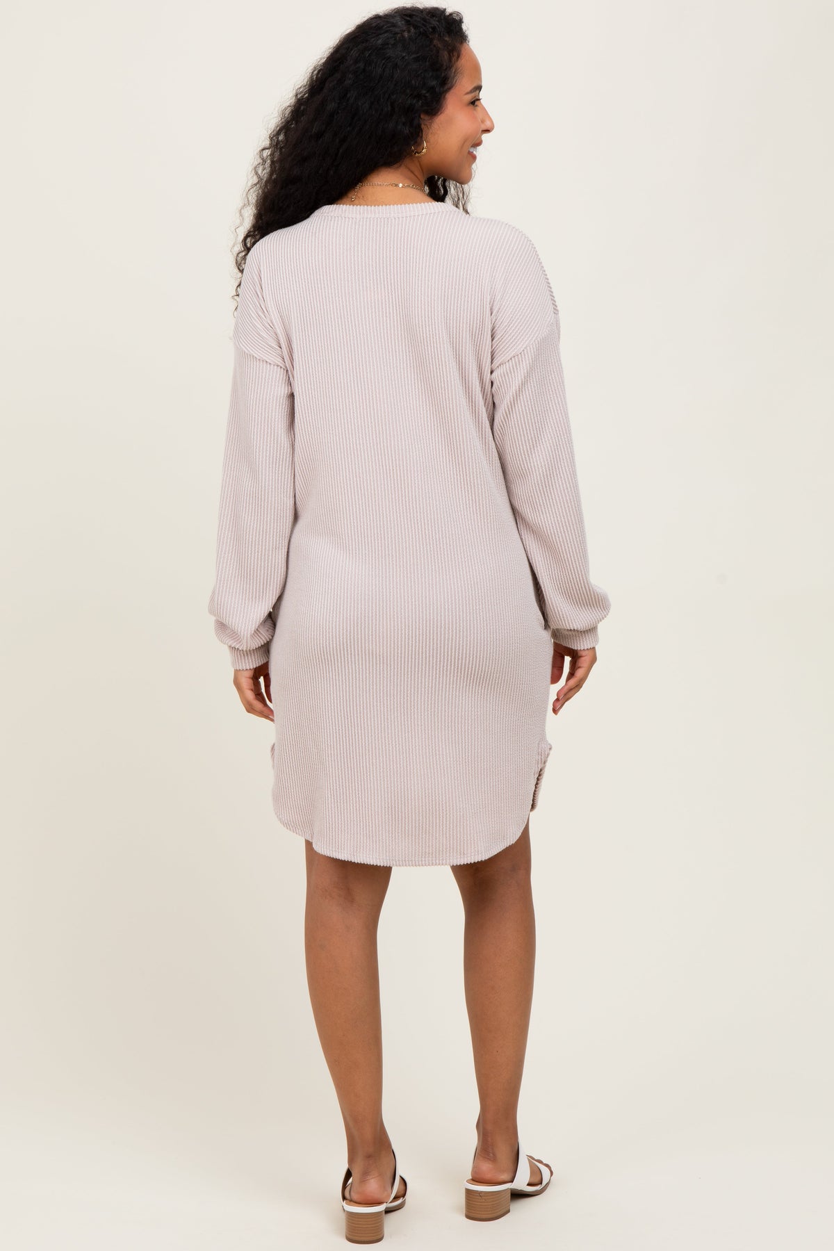 Beige Rib Knit Long Sleeve Maternity Dress
