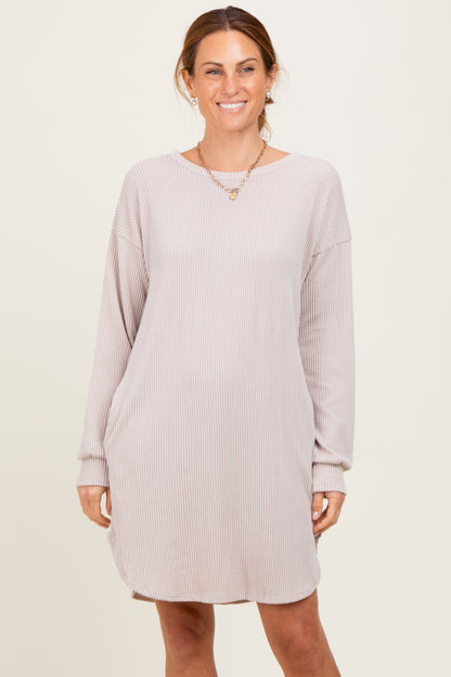 Beige Rib Knit Long Sleeve Maternity Dress