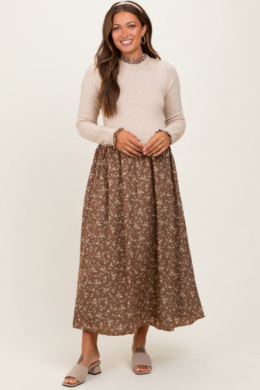 Beige Floral Contrast Knit Top Maternity Midi Dress