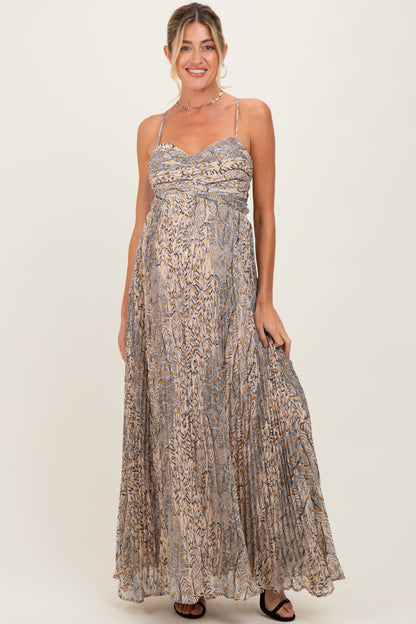 Beige Floral Cutout Tie Back Maternity Maxi Dress