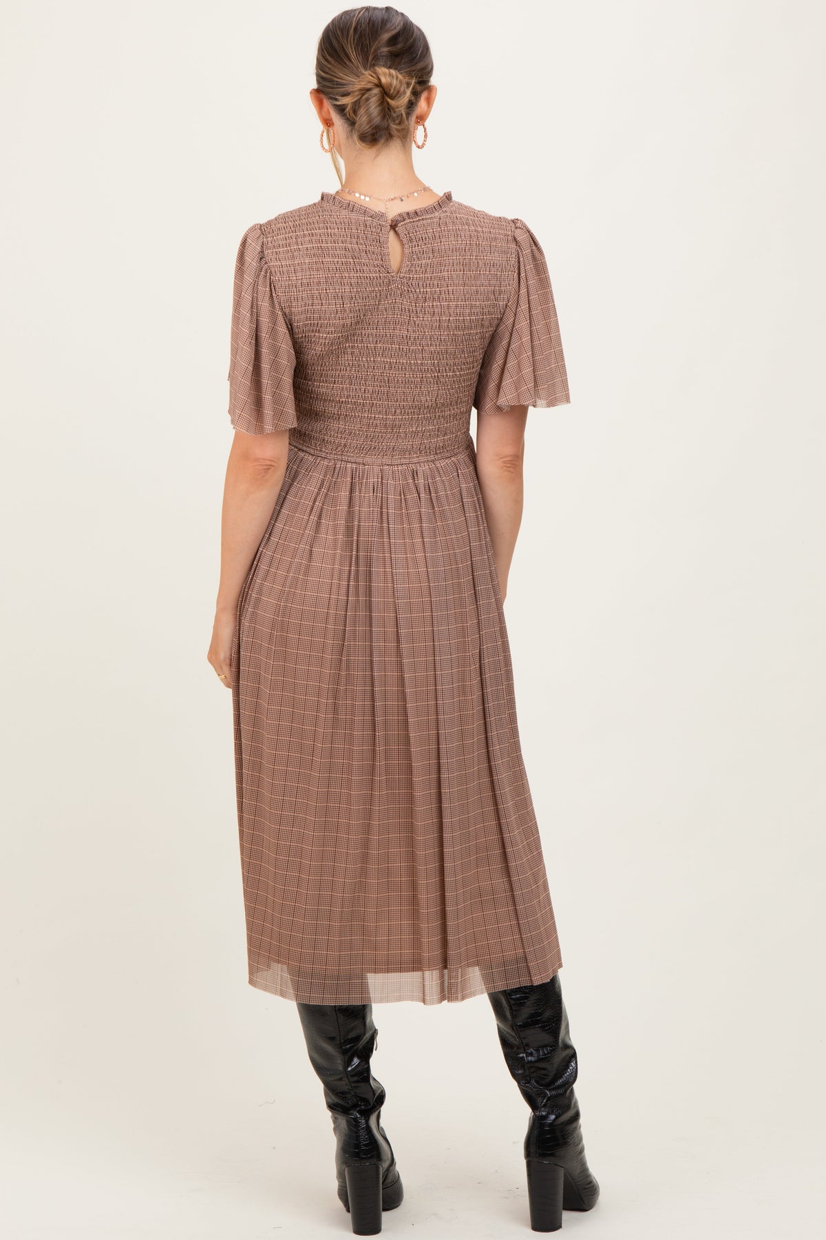 Beige Plaid Smocked Mesh Maternity Midi Dress