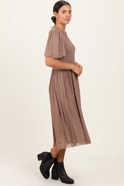 Beige Plaid Smocked Mesh Midi Dress