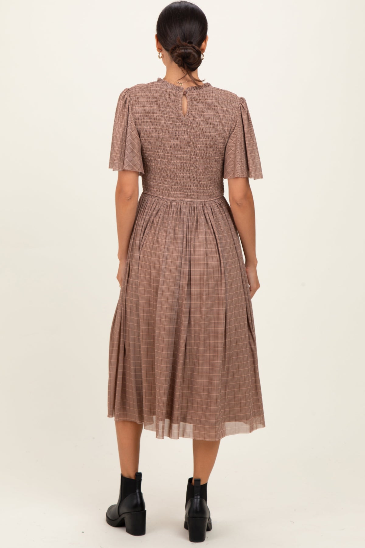 Beige Plaid Smocked Mesh Midi Dress