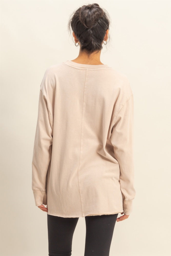 Beige Mineral Washed Drop Shoulder Long Sleeve Top