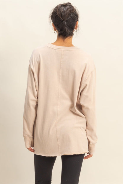 Beige Mineral Washed Drop Shoulder Long Sleeve Top