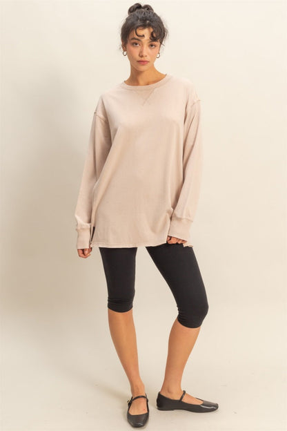 Beige Mineral Washed Drop Shoulder Long Sleeve Top