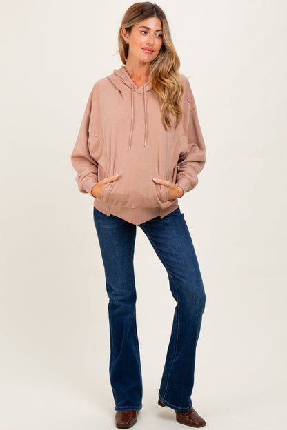 Beige Drop Shoulder Long Sleeve Oversized Maternity Hoodie