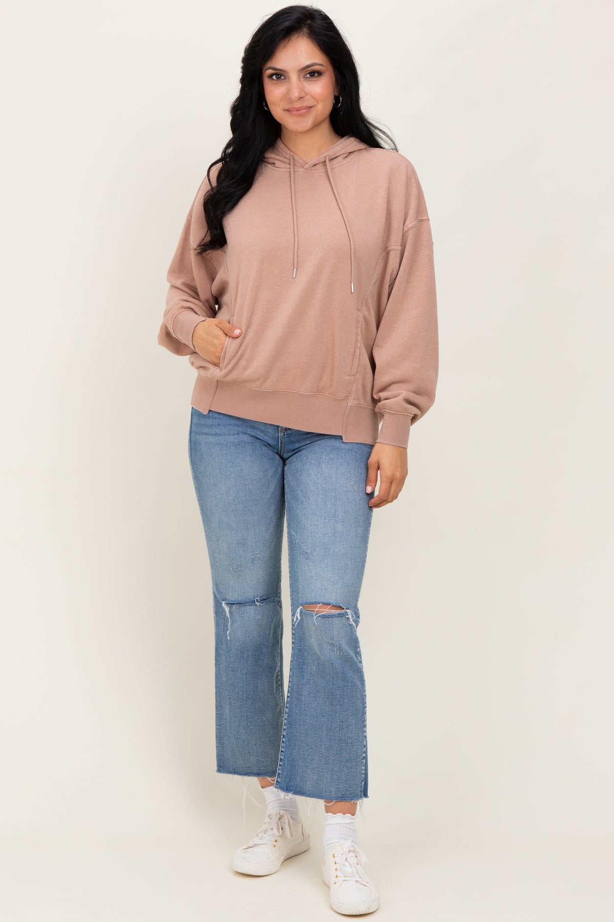 Beige Drop Shoulder Long Sleeve Oversized Hoodie