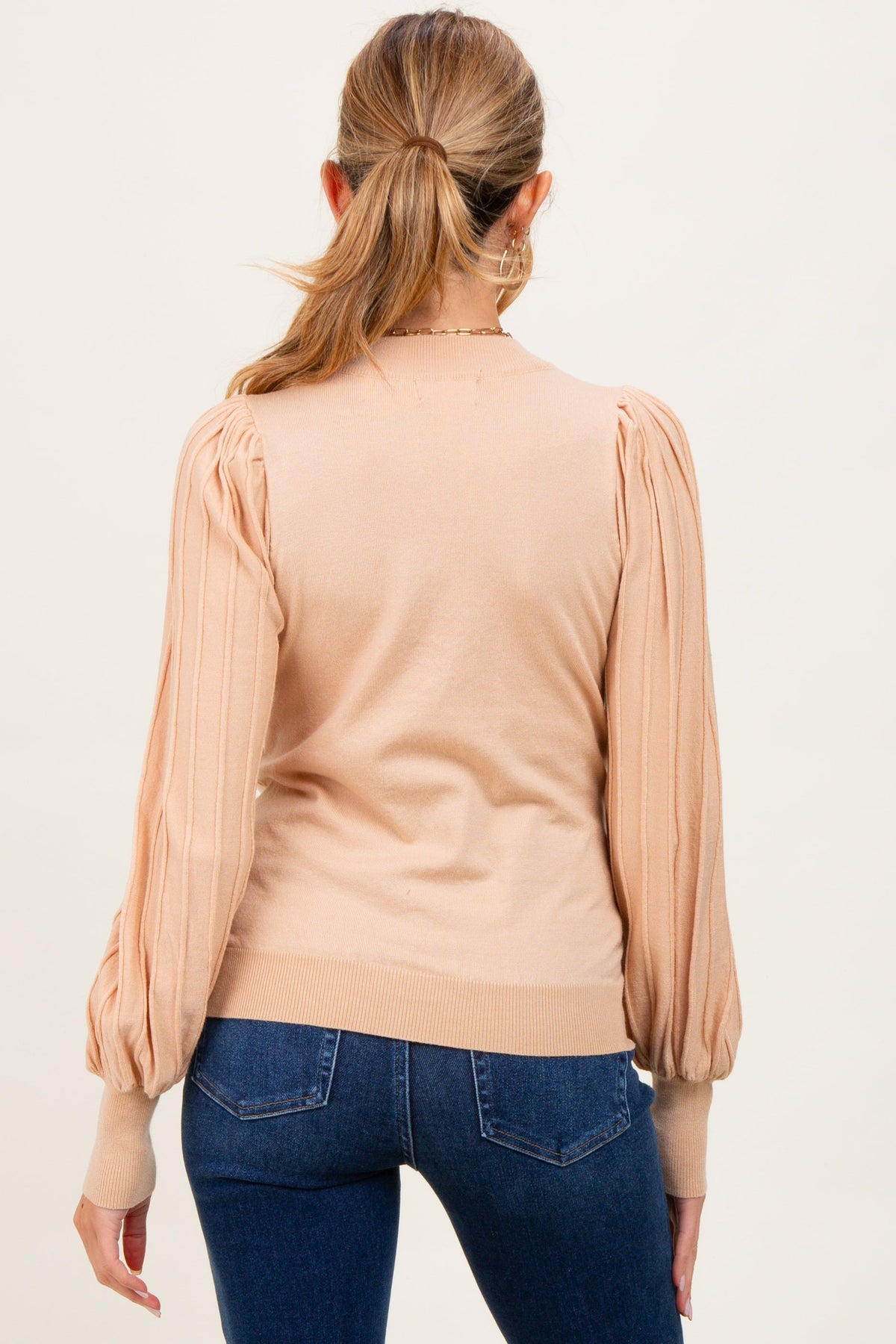 Beige Ribbed Bubble Sleeve Maternity Knit Top