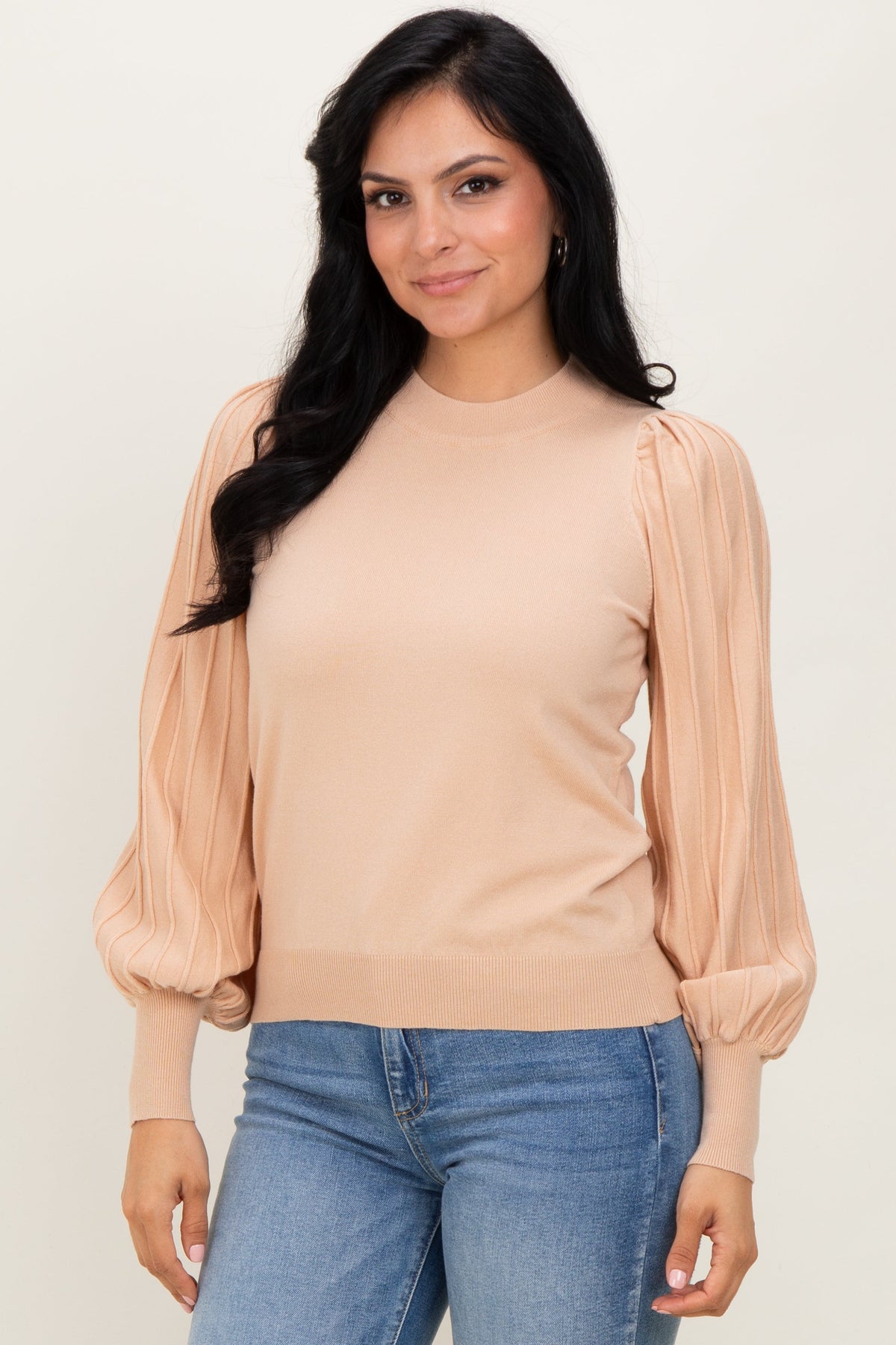Beige Ribbed Bubble Sleeve Maternity Knit Top