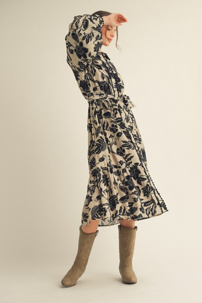 Beige Floral Button Down Bubble Sleeve Shirt Dress