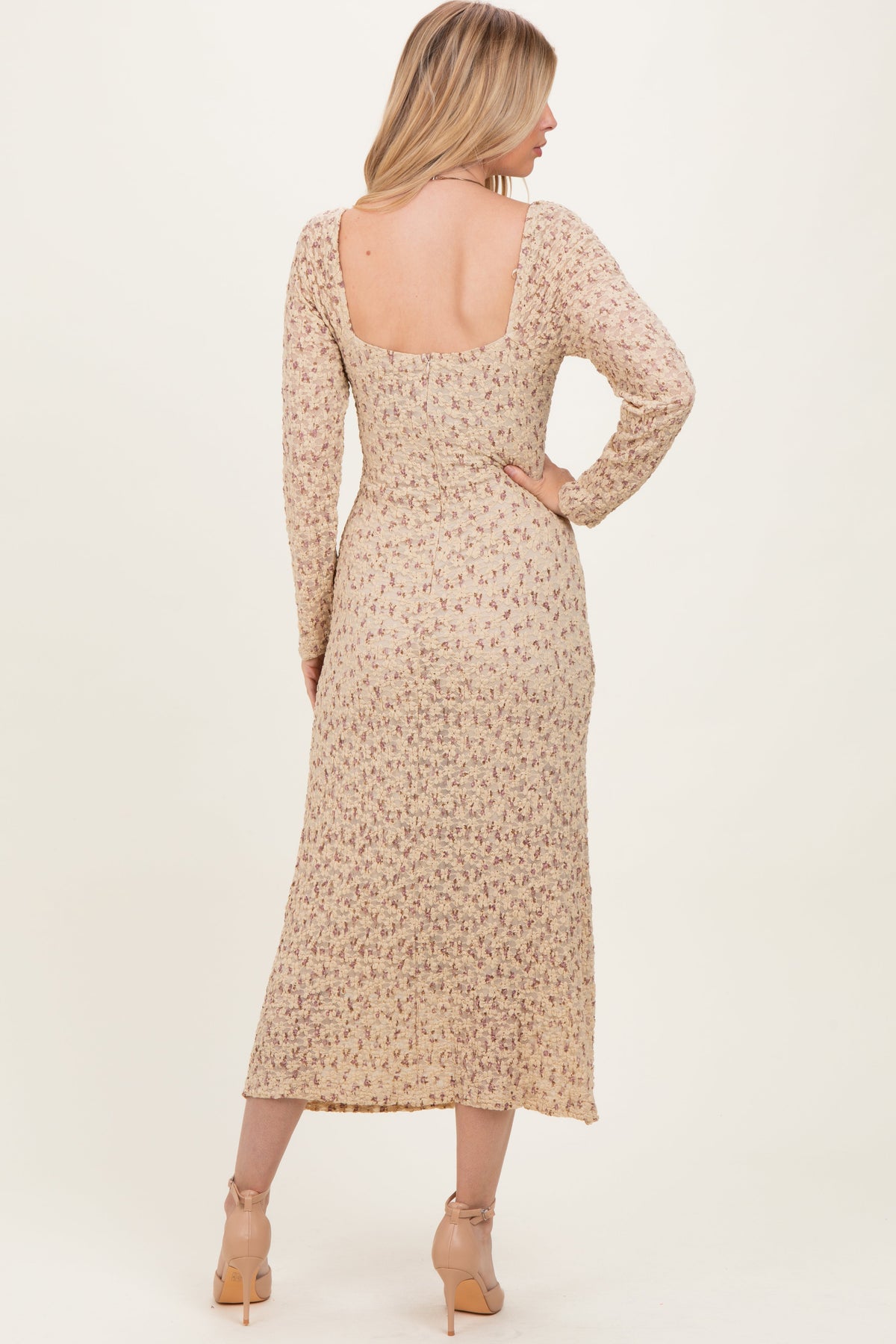 Beige Floral Sweetheart Neckline Long Sleeve Maxi Dress