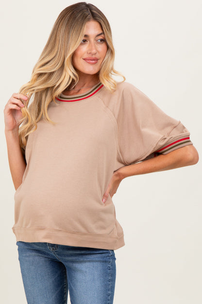 Beige Contrast Trim Short Sleeve Maternity Pullover
