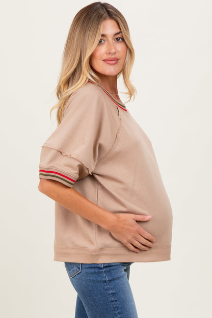 Beige Contrast Trim Short Sleeve Maternity Pullover