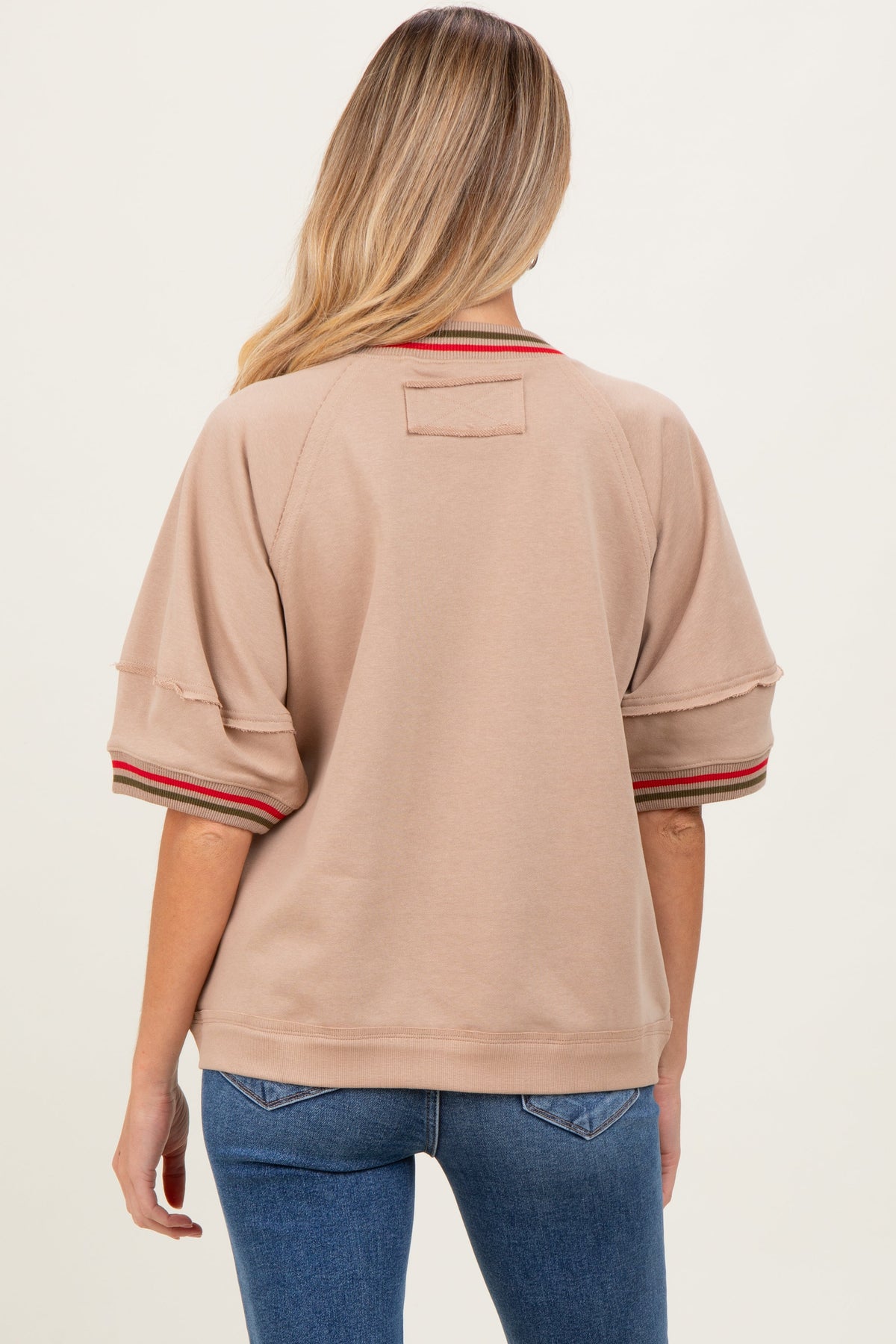 Beige Contrast Trim Short Sleeve Maternity Pullover