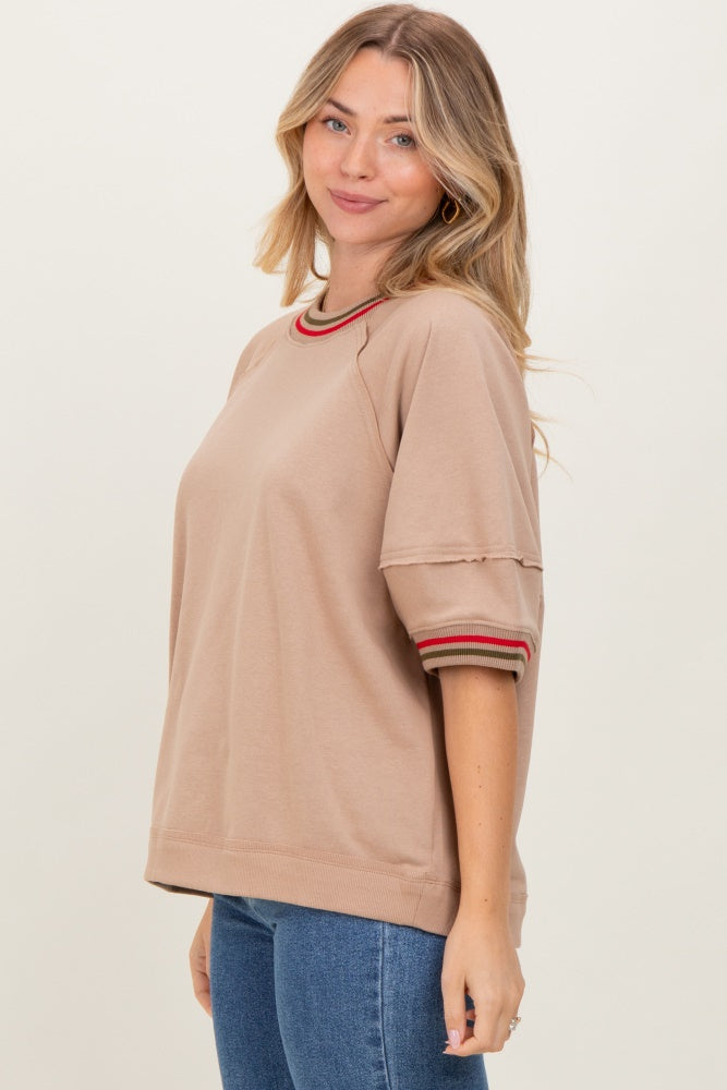 Beige Contrast Trim Short Sleeve Pullover