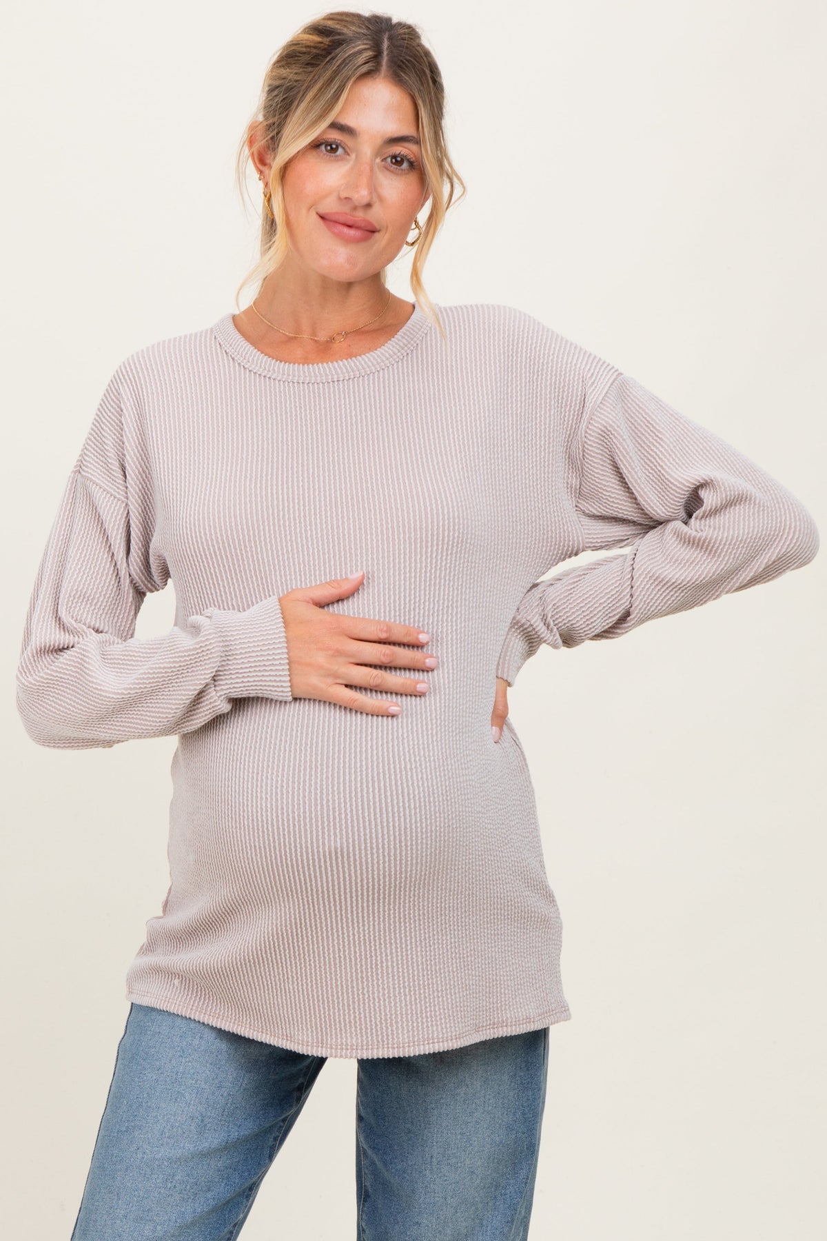 Beige Puff Sleeve Solid Ribbed Maternity Top