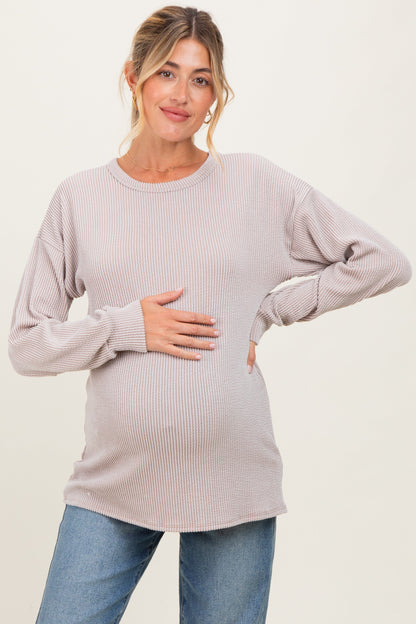 Beige Puff Sleeve Solid Ribbed Maternity Top