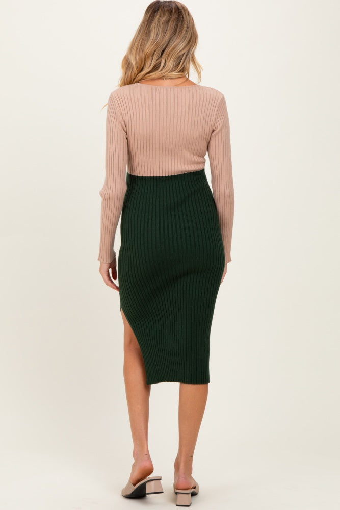 Beige Knit Colorblock Long Sleeve Maternity Midi Dress
