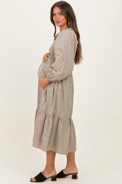 Beige Plaid Smocked Puff Sleeve Maternity Midi Dress