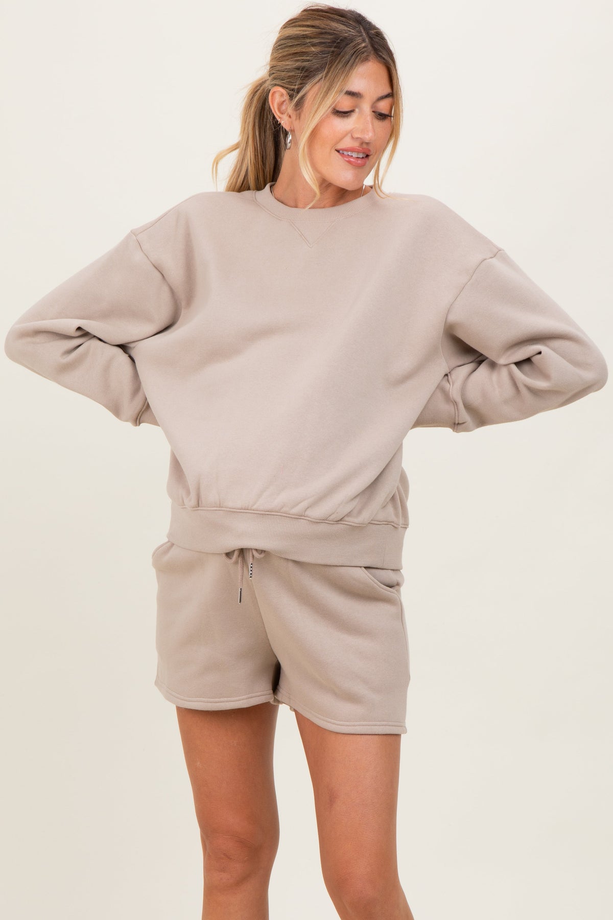 Beige Fleece Sweatshirt Shorts Maternity Set