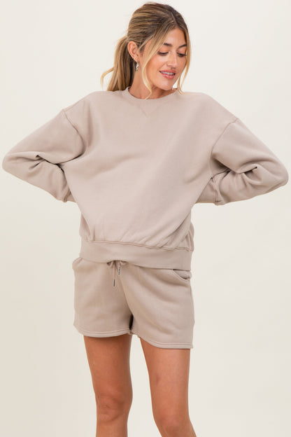 Beige Fleece Sweatshirt Shorts Maternity Set