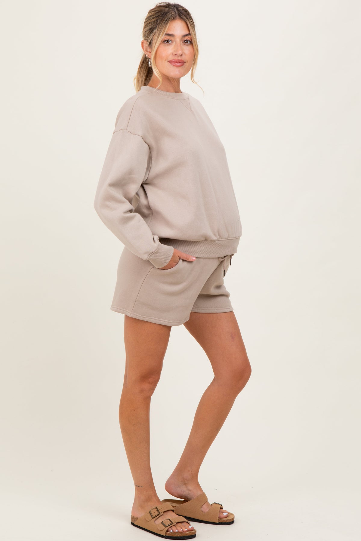 Beige Fleece Sweatshirt Shorts Maternity Set
