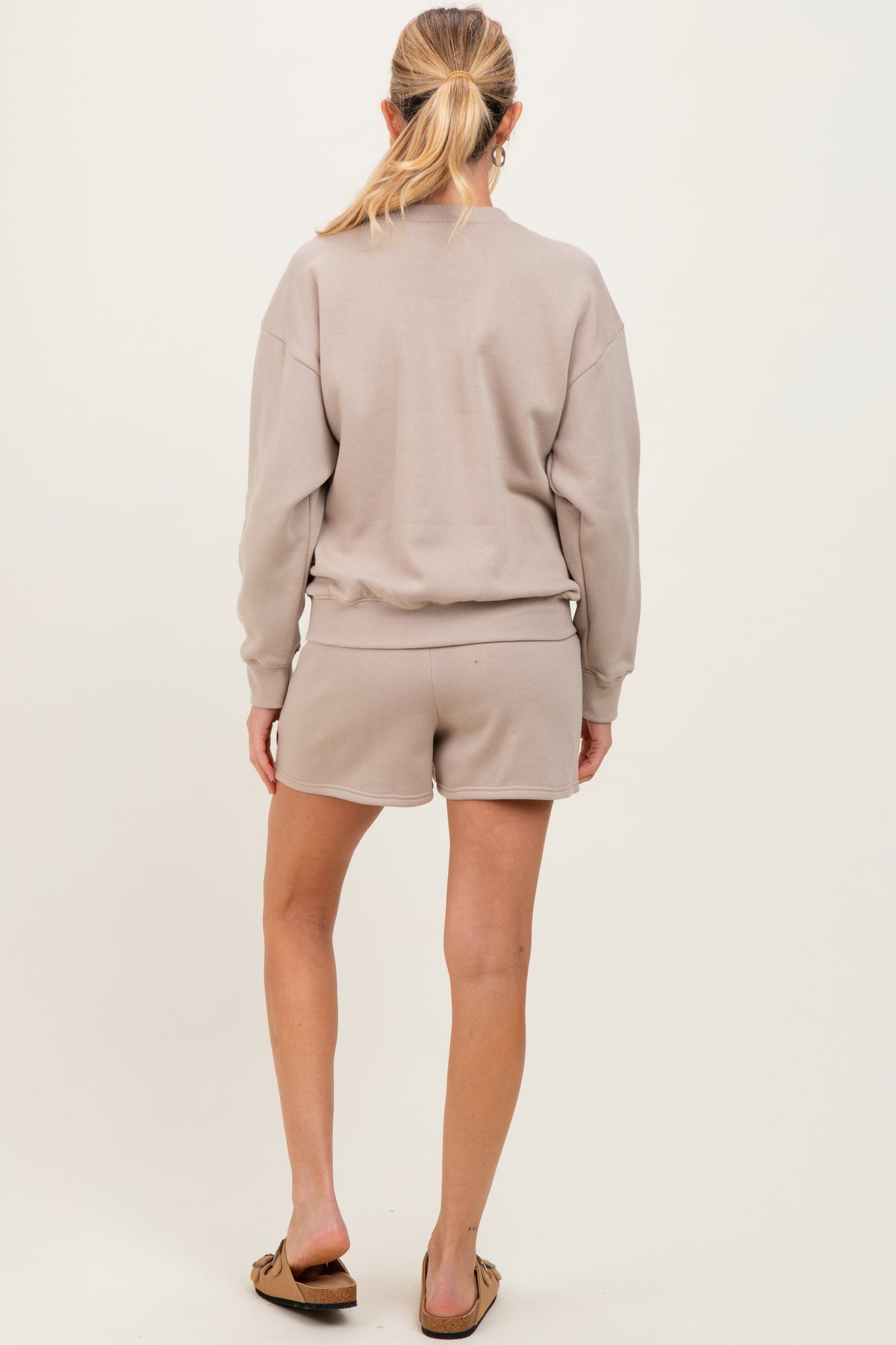 Beige Fleece Sweatshirt Shorts Maternity Set