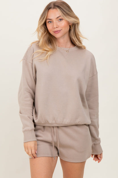Beige Fleece Sweatshirt Shorts Maternity Set