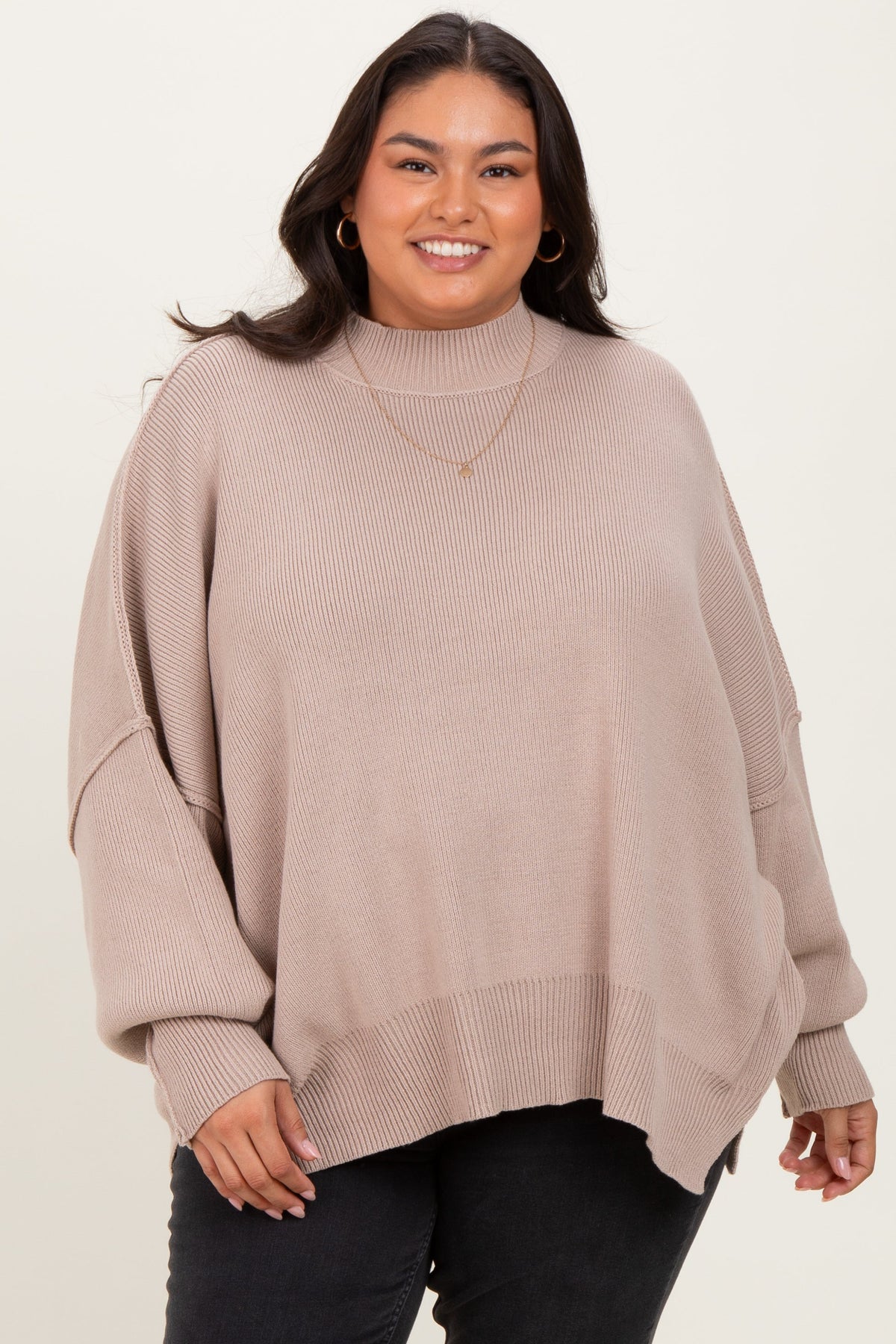 Beige Mock Neck Exposed Seam Sweater