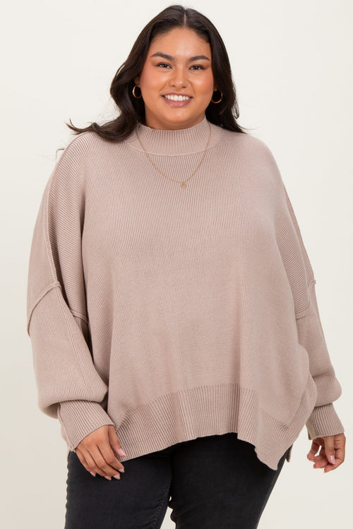 Beige Mock Neck Exposed Seam Sweater