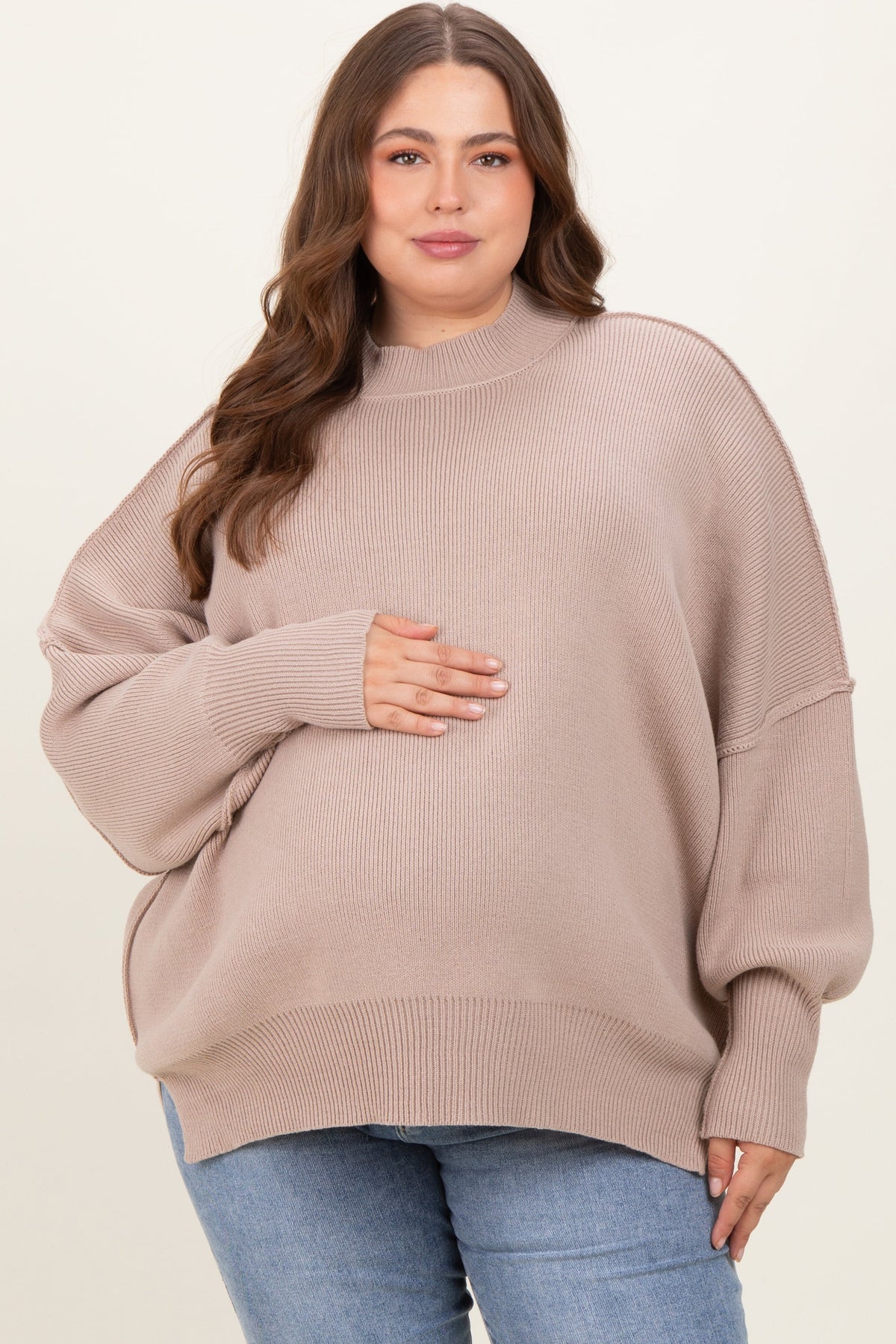 Beige Mock Neck Exposed Seam Maternity Sweater