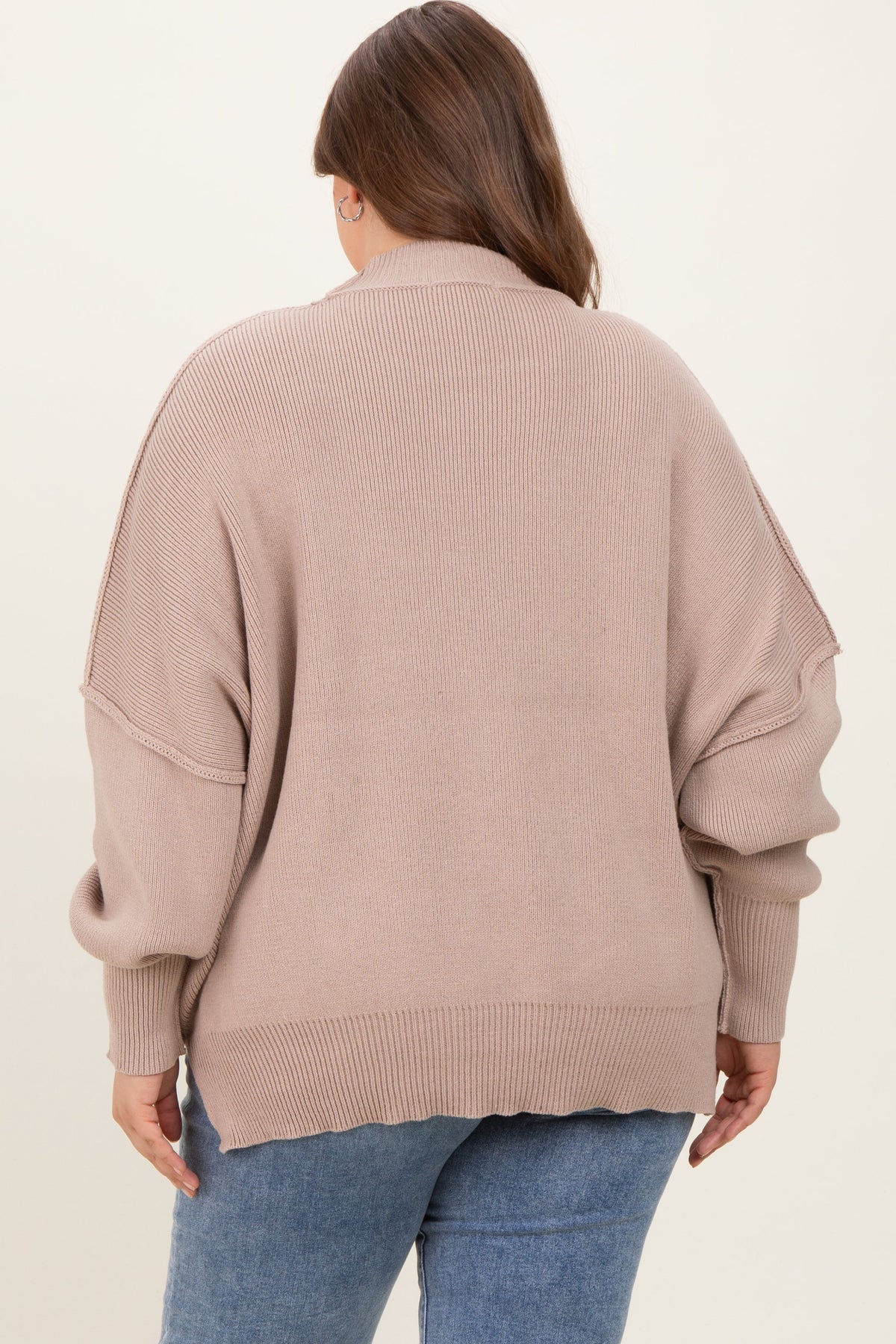 Beige Mock Neck Exposed Seam Maternity Sweater