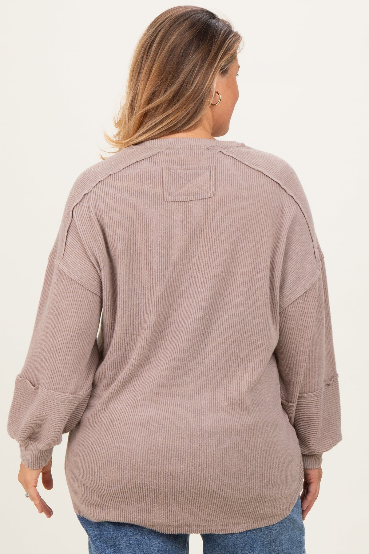Beige Oversized Ribbed Knit Henley Maternity Plus Sweater