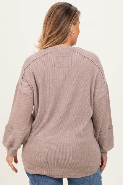 Beige Oversized Ribbed Knit Henley Maternity Plus Sweater