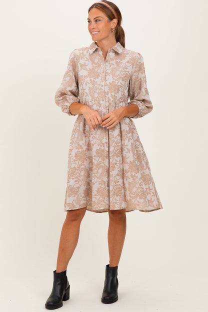 Beige Floral Button Down 3/4 Sleeve Maternity Midi Dress
