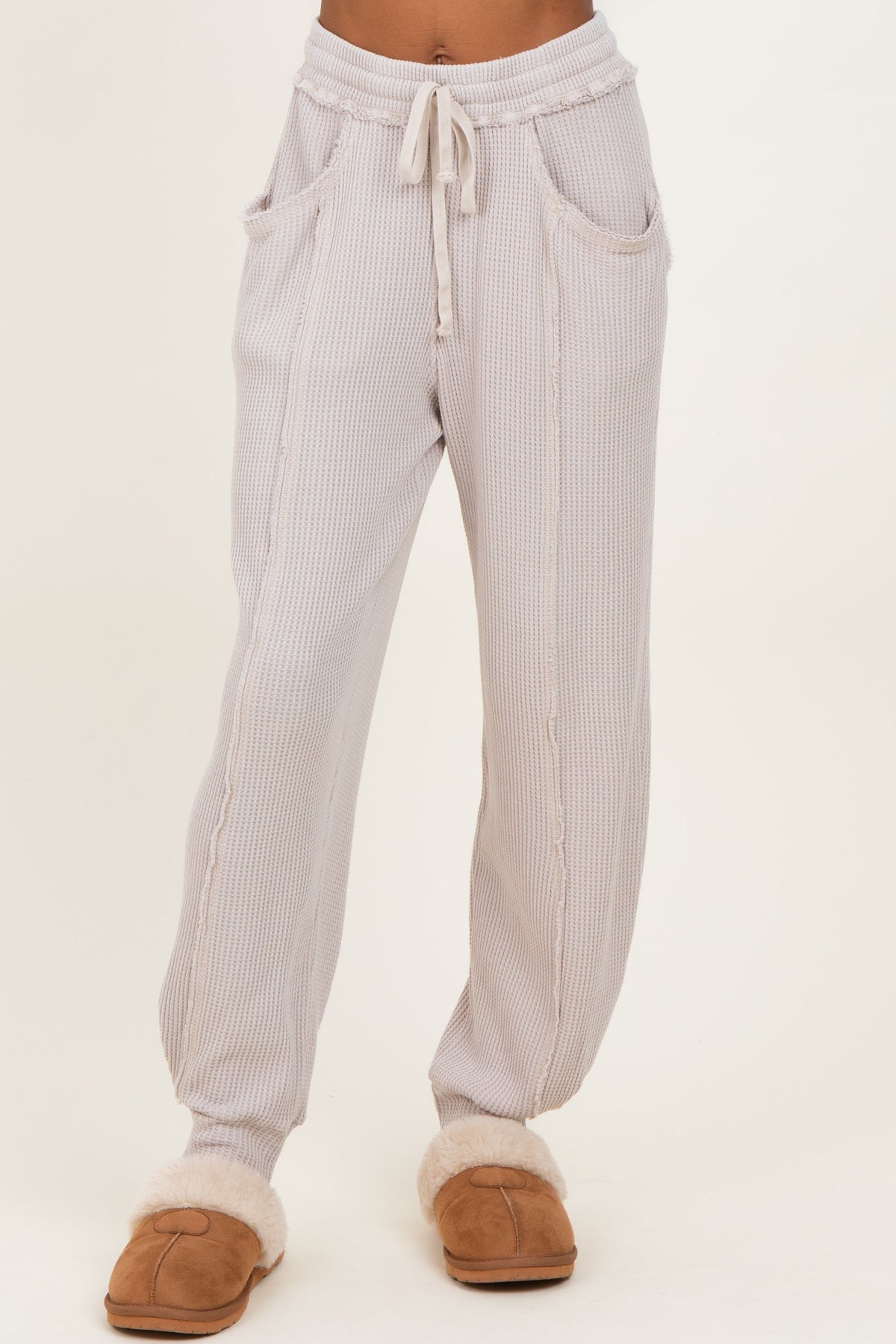 Beige Raw Seam Waffle Knit Joggers