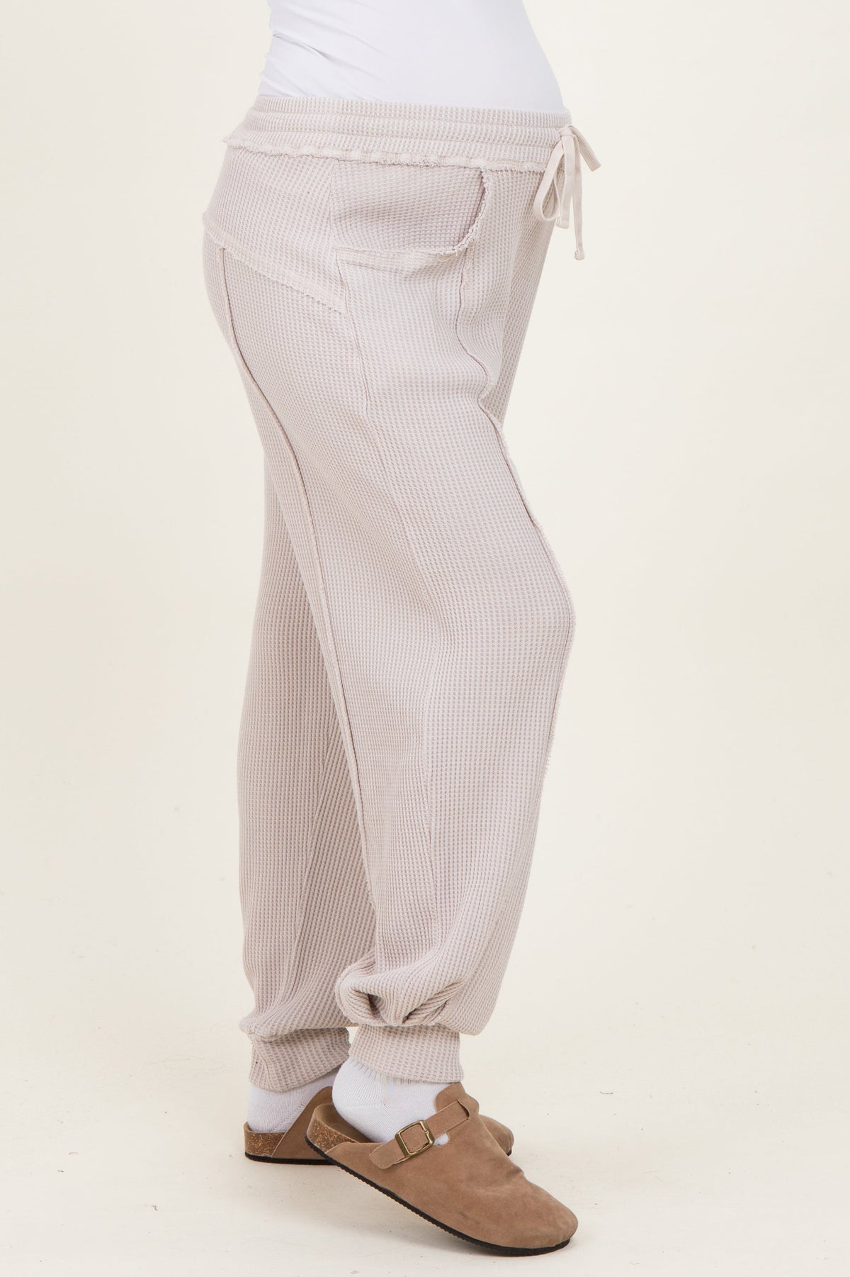 Beige Raw Seam Waffle Knit Maternity Joggers