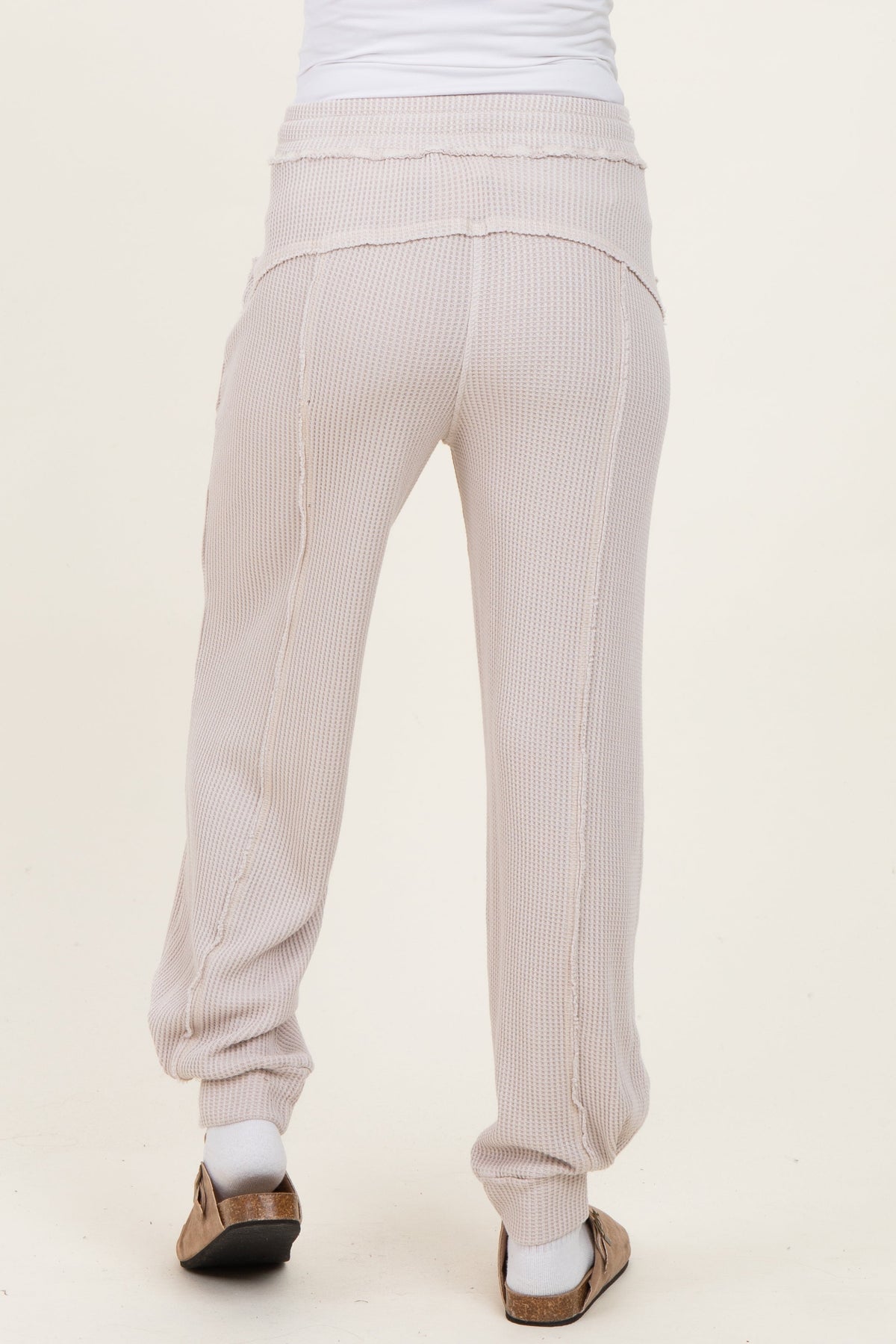 Beige Raw Seam Waffle Knit Maternity Joggers