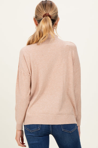 Beige Mock Neck Exposed Seam Maternity Sweater