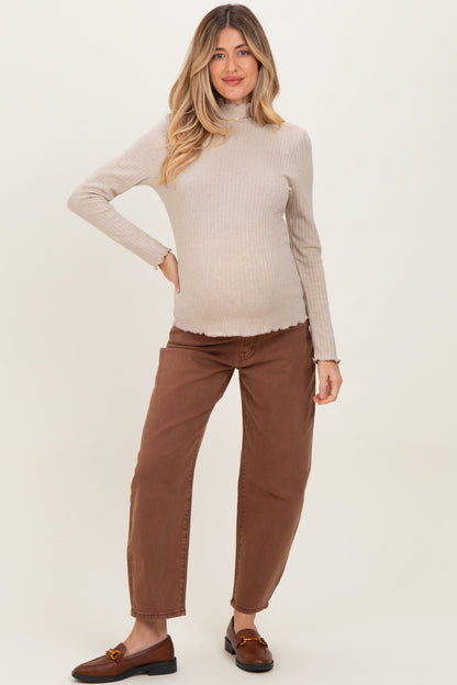Beige Ribbed Mock Neck Ruffle Hem Maternity Long Sleeve Top